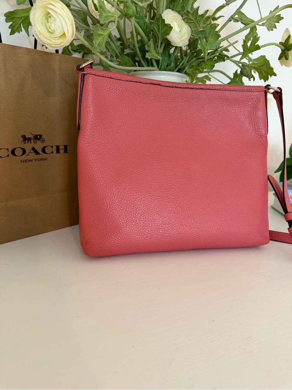 COACH Coral Bright Pink Perforated Logo Pebble Leather Crossbody style 91167 - Picture 4 of 15